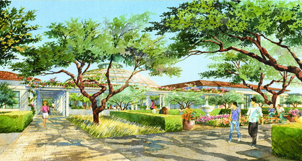 View of the Garden Court through the Central Garden of the new Education and Visitor Center scheduled to open in early 2015 at The Huntington Library, Art Collections, and Botanical Gardens. Architectural Resources Group and Office of Cheryl Barton, ©Art Zendarski.