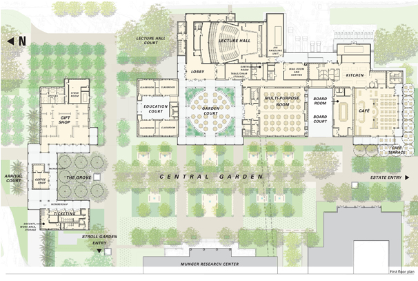 Map of the new Education and Visitor Center planned to open in early 2015 at The Huntington Library, Art Collections, and Botanical Gardens. Architectural Resources Group and Office of Cheryl Barton, ©Art Zendarski.