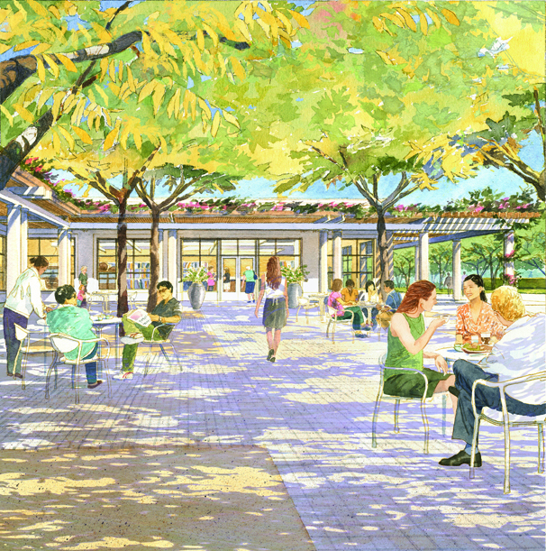 Garden court grove and seating area of the new Education and Visitor Center scheduled to open in early 2015 at The Huntington Library, Art Collections, and Botanical Gardens. Architectural Resources Group and Office of Cheryl Barton, ©Art Zendarski.