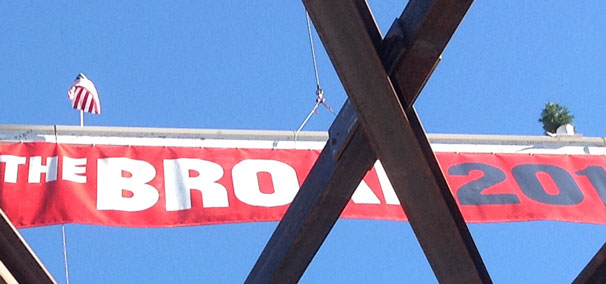 Close-up view of The Broad's topping out beam shows the traditional fir tree and U.S. flag, a more modern custom.