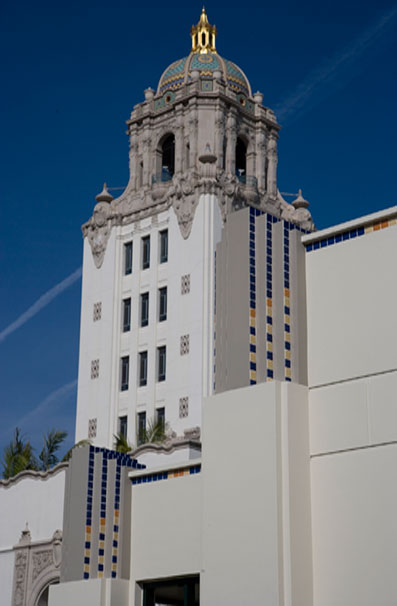 The blue and gold tile motif is a signature feature of the beautiful Beverly Hills City Hall building.