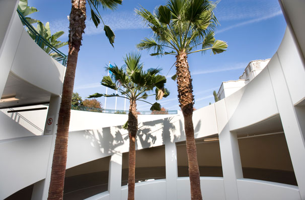 A light and air well embellished with tall palm trees brings a bit of nature into the structure... and also helps conceal the structure at ground level.