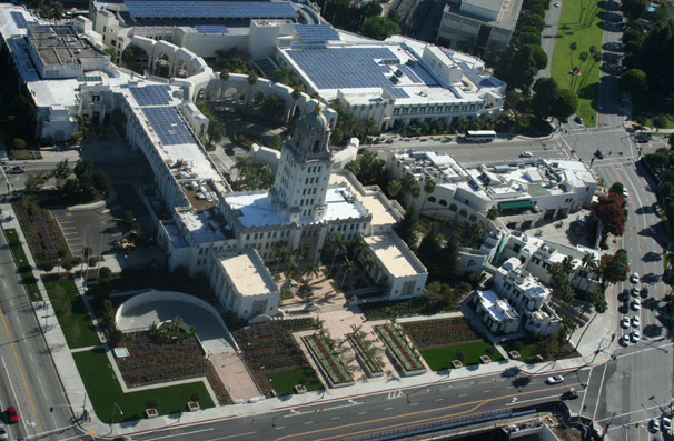In this completed picture, Crescent Drive has been restored and reopened and a new garden ornaments Beverly Hills City Hall. The only sign of the parking structure is the driveway at left, which quickly spirals out of sight.