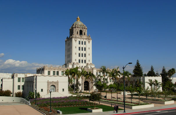 Beverly Hills City Hall shows off its new park-like yard... but only hints at the parking structure directly beneath it.