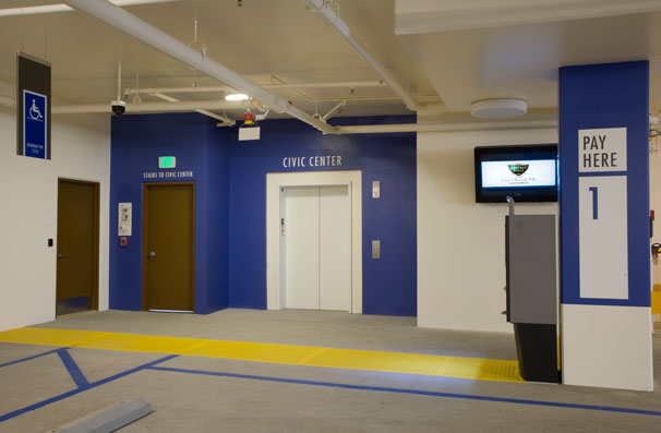 One of two elevator banks serving the structure, this is the southern one leading to the Civic Center. The other, on the northern side, leads to the Wallis Annenberg Center for the Performing Arts.