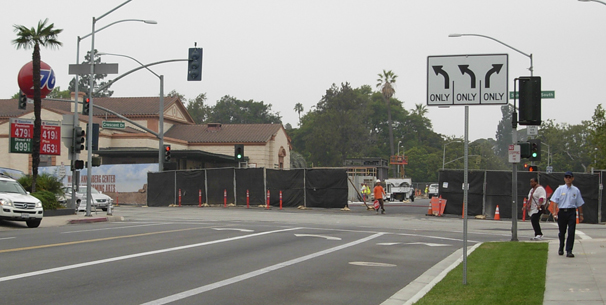 Excavation for the Crescent Drive parking structure required the closure of Crescent Drive between Big and Little (North and South) Santa Monica Blvds, as seen here looking north toward the traffic detour at Little Santa Monica. 