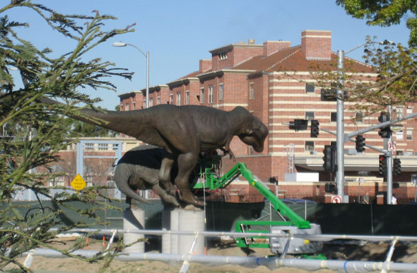 Safely ensconced on new supports at the corner of Exposition Blvd. & Robertson Drive--the northwestern corner of the museum property--the Dinos await the next step.