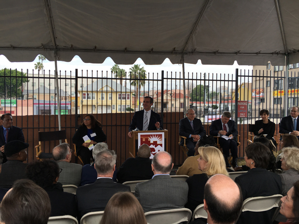 Mayor Eric Garcetti spoke to a standing room only crowd at the LAFLA Groundbreaking