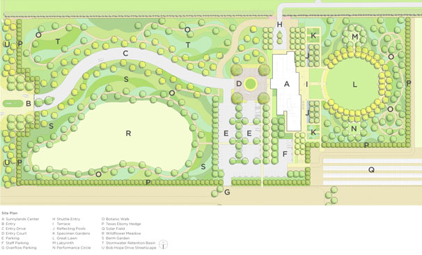 Site Plan for the Annenberg Visitor Center at Sunnylands Garden, designed by The Office of James Burnett and installed by MATT Construction, includes over 50,000 plants in an attractive, yet sustainable arrangement.