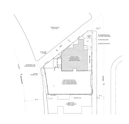 Diagram shows the 3 Project Elements: The Restaurant (shaded area), the New Office Building right below it, and the Parking Entrance to the right of the shaded area. The new lobby is shown by dashed lines where the buildings intersect on the left. Design by Killefer Flammang Architects.