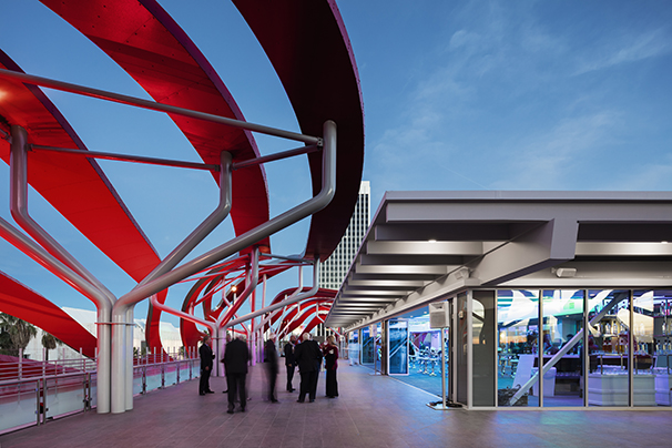 Restored pavilion on the rooftop playfully integrates with facade ribbons