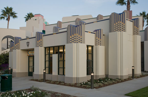 The new Crescent Drive Garage parking pavilion incorporates the familiar blue and gold tile motif characteristic of Beverly Hills City Hall.