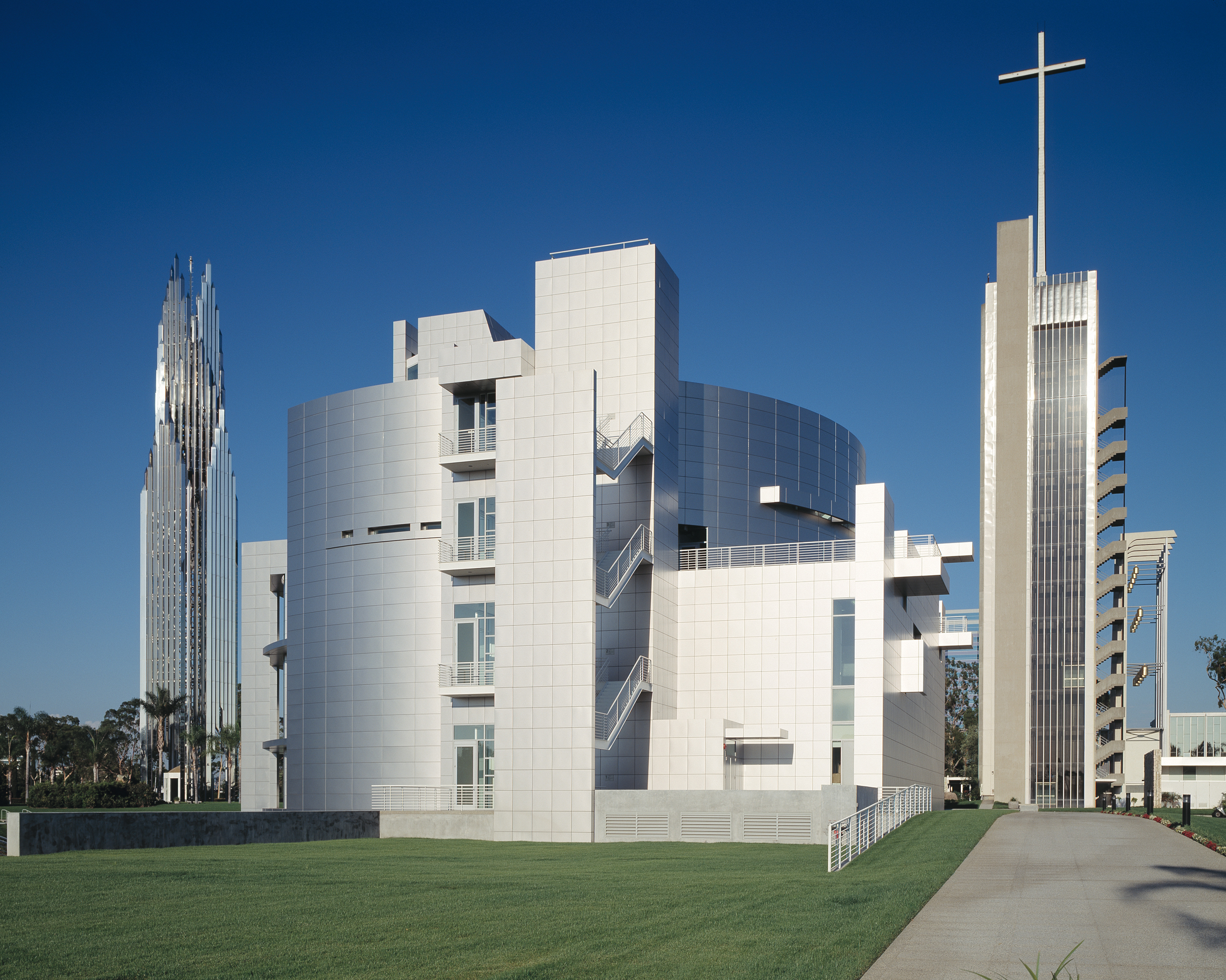 MATT construction Crystal Cathedral Visitor Center Exterior Back Tower Cross
