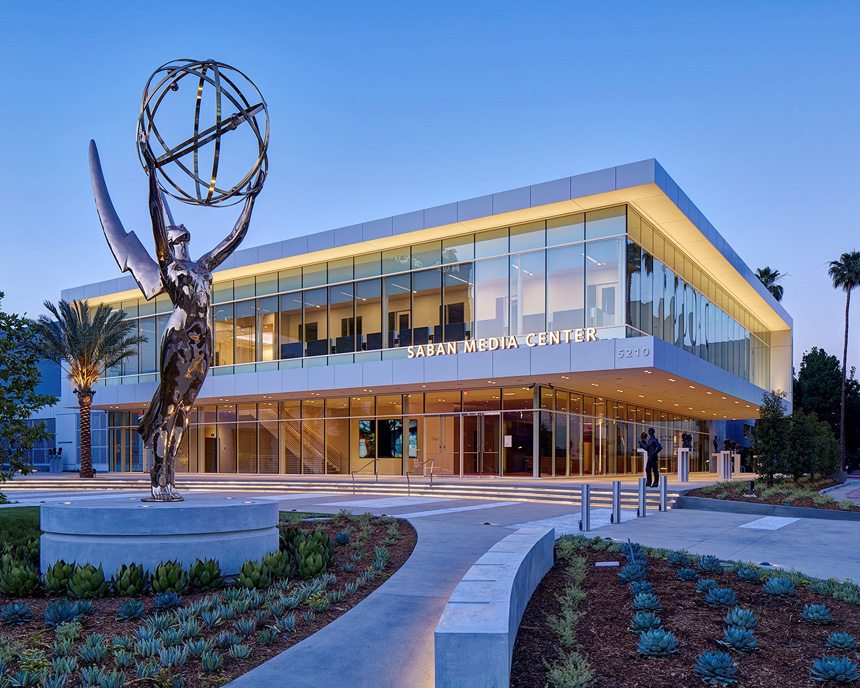 MATT construction television academy saban media center exterior corner statue night