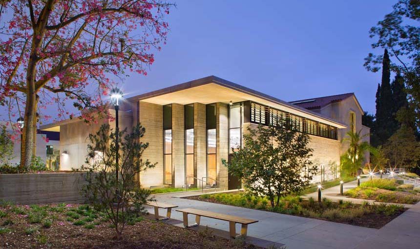 MATT construction Pomona College Millikan Laboratory Andrew Science Hall Exterior corner walkway night