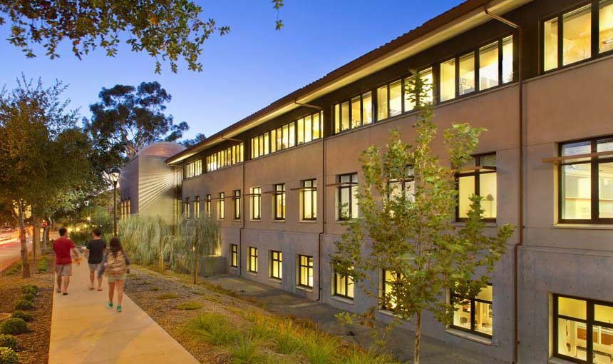MATT construction Pomona College Millikan Laboratory Andrew Science Hall Exterior walkway night