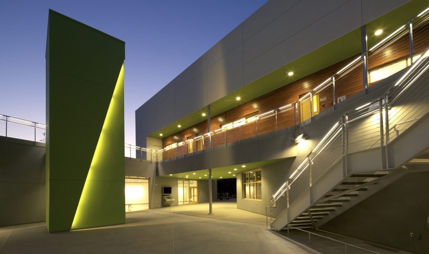 MATT construction Campbell Hall Arts and Education Center Exterior Classrooms Night