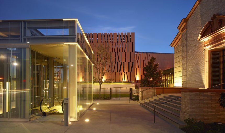 MATT construction Wallis Annenberg Center For the Performing Arts Exterior patio night
