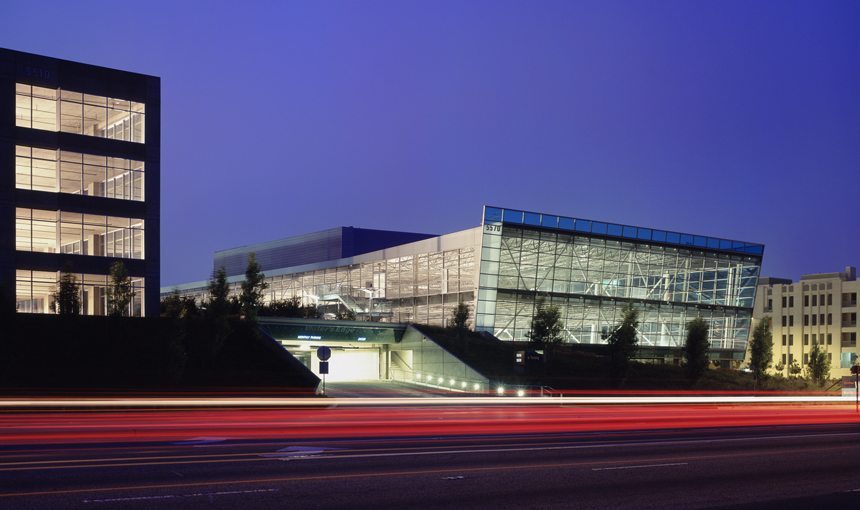 MATT construction Water's Edge Office Building Exterior Garage entrance Night