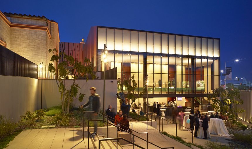 MATT construction Wallis Annenberg Center For the Performing Arts Exterior Patio Night