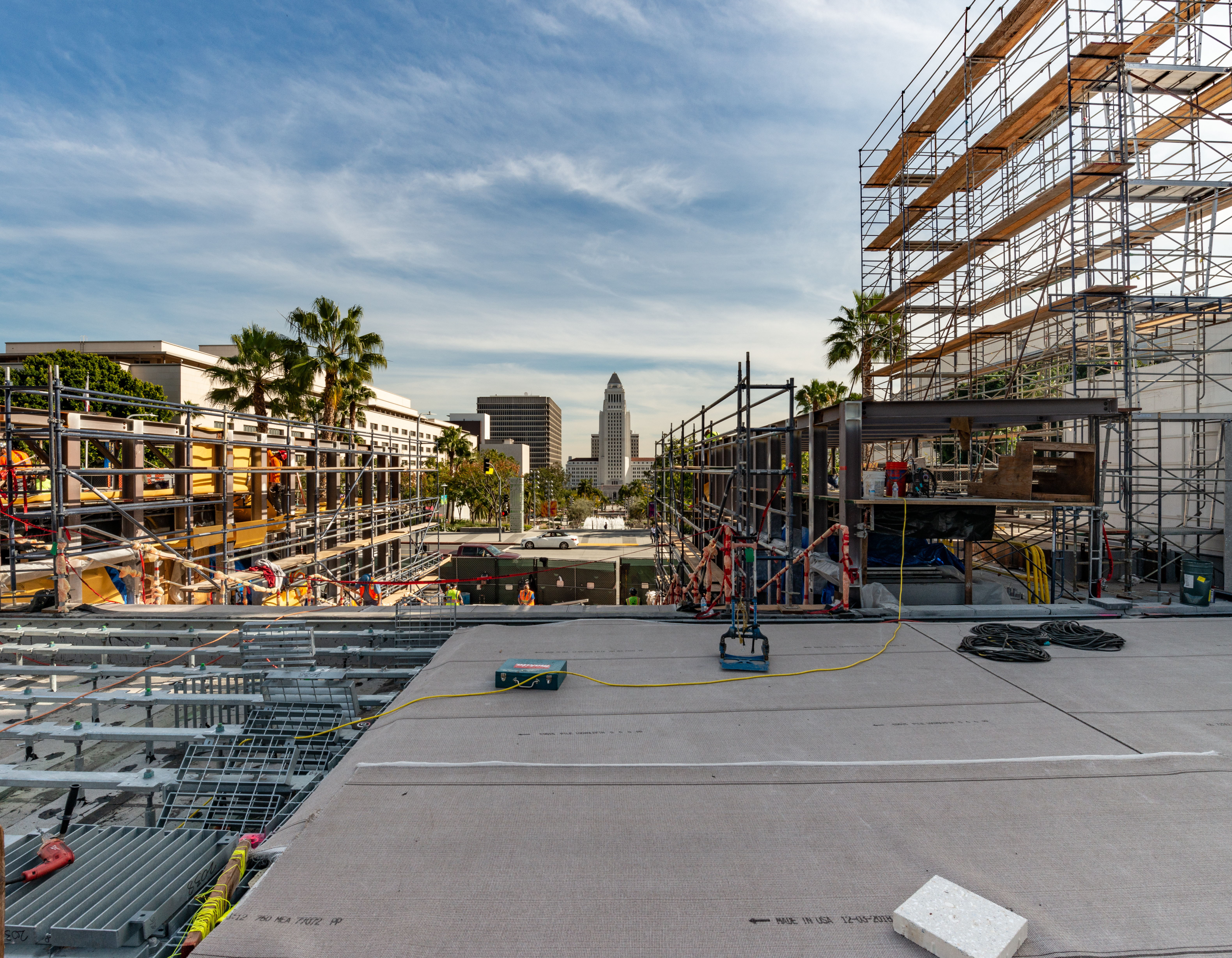 The Music Center Plaza raised floor paver system under construction MATT Construction